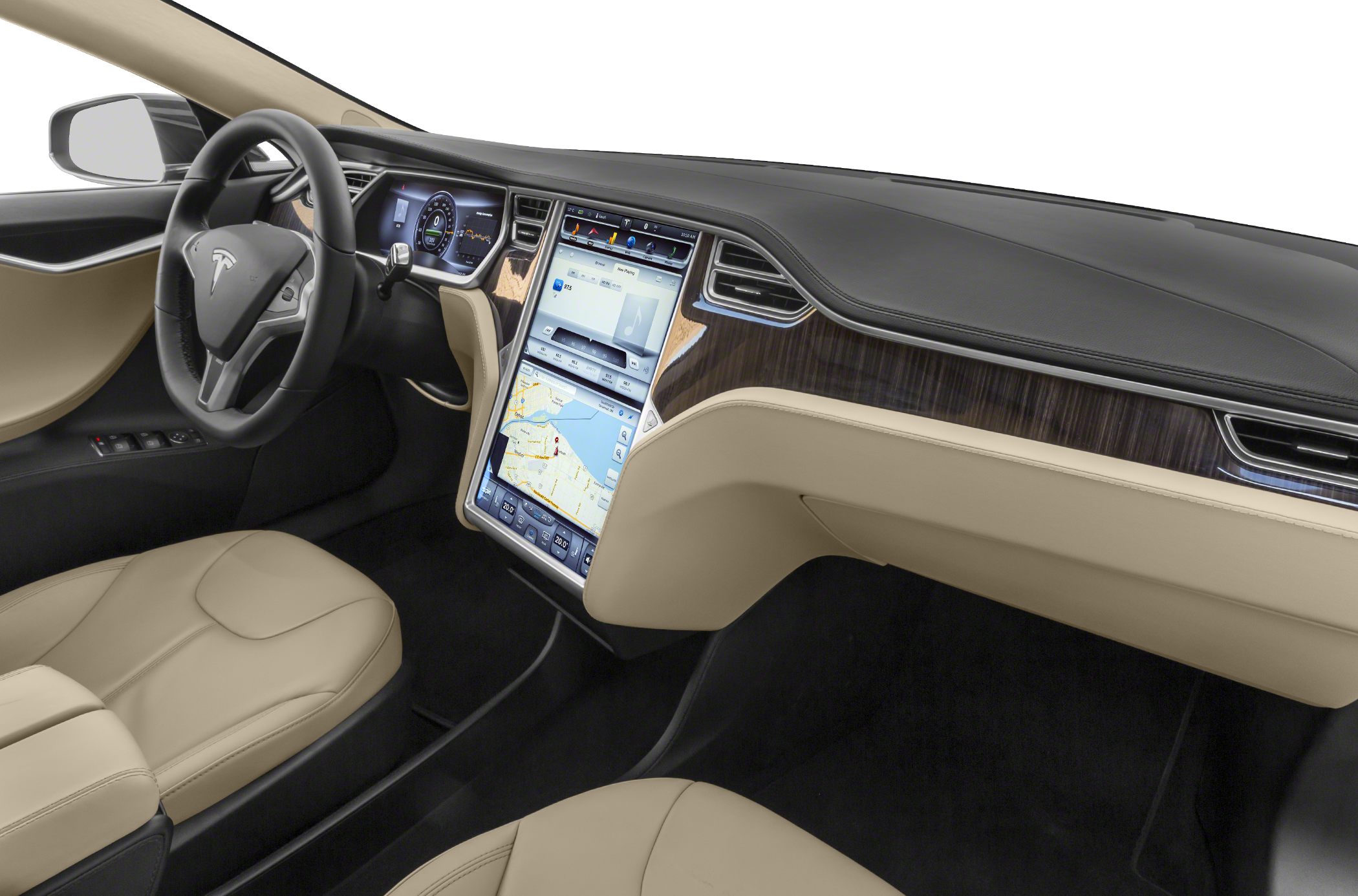 Large vertical touchscreen and digital instrument cluster in beige leather interior.
