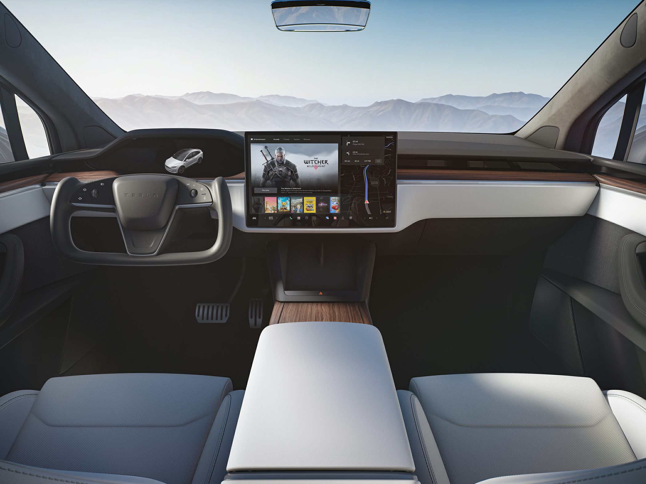 Yoke steering wheel and large touchscreen in minimalist car interior
