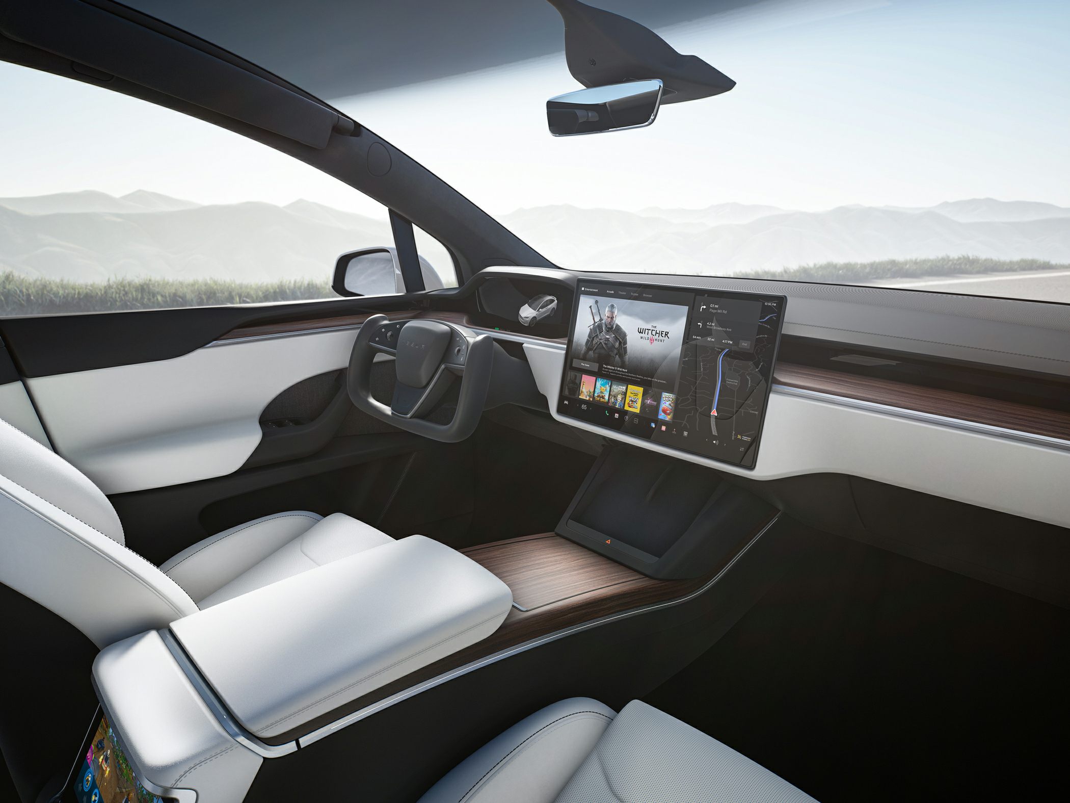 Yoke steering wheel and large central touchscreen with digital cluster