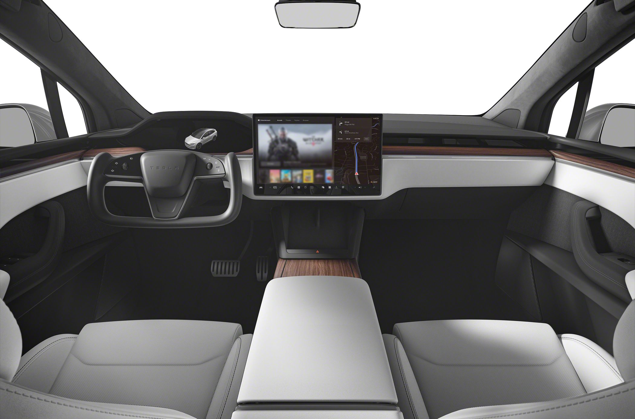 Yoke steering wheel with large touchscreen and wood trim dashboard