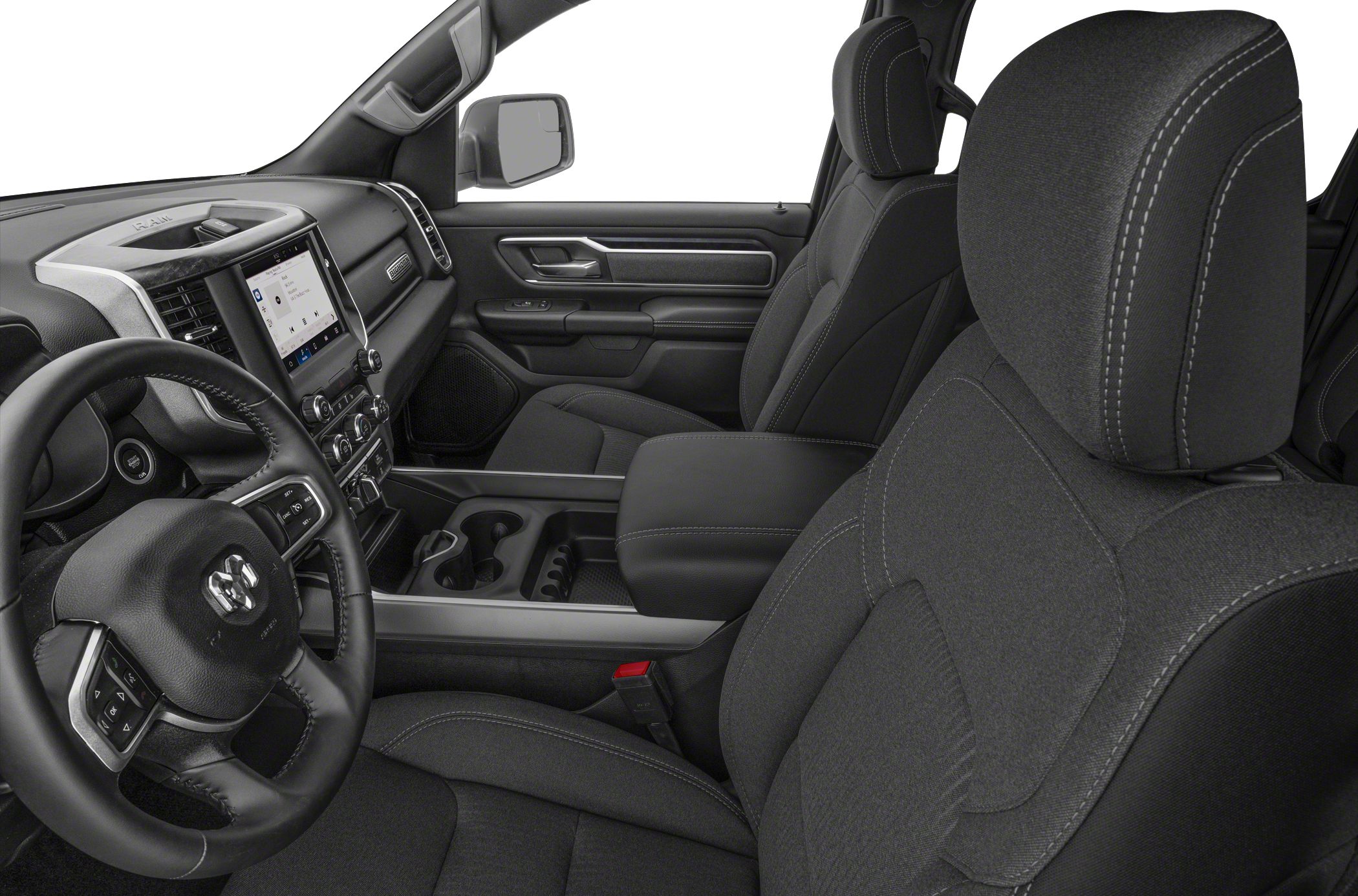Ergonomic front seats and touchscreen dashboard inside modern pickup cabin.