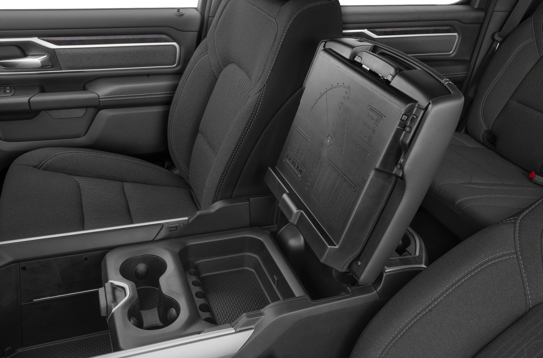 Center console storage with dual cup holders and lifted armrest