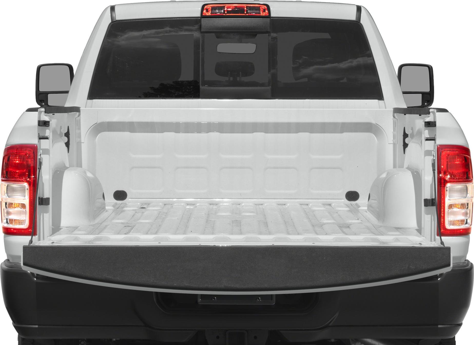Open pickup tailgate and cargo bed with crew cab long configuration.