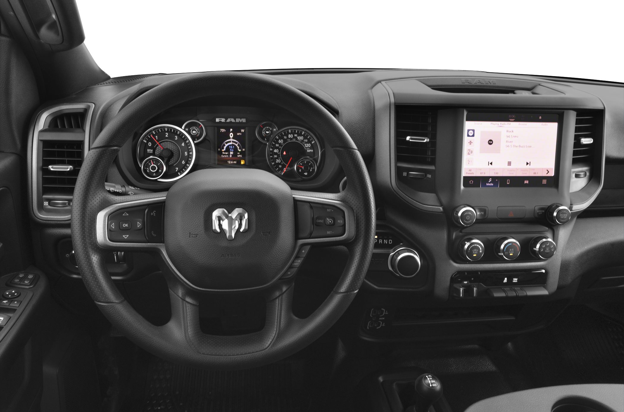 Steering wheel and multimedia touchscreen dashboard in truck interior