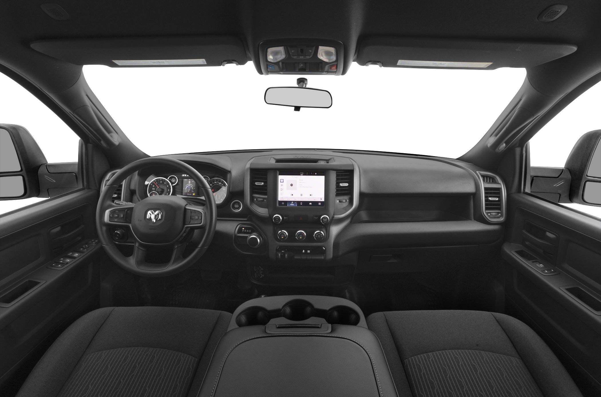 Dashboard, steering wheel, infotainment screen, and seats inside truck cabin