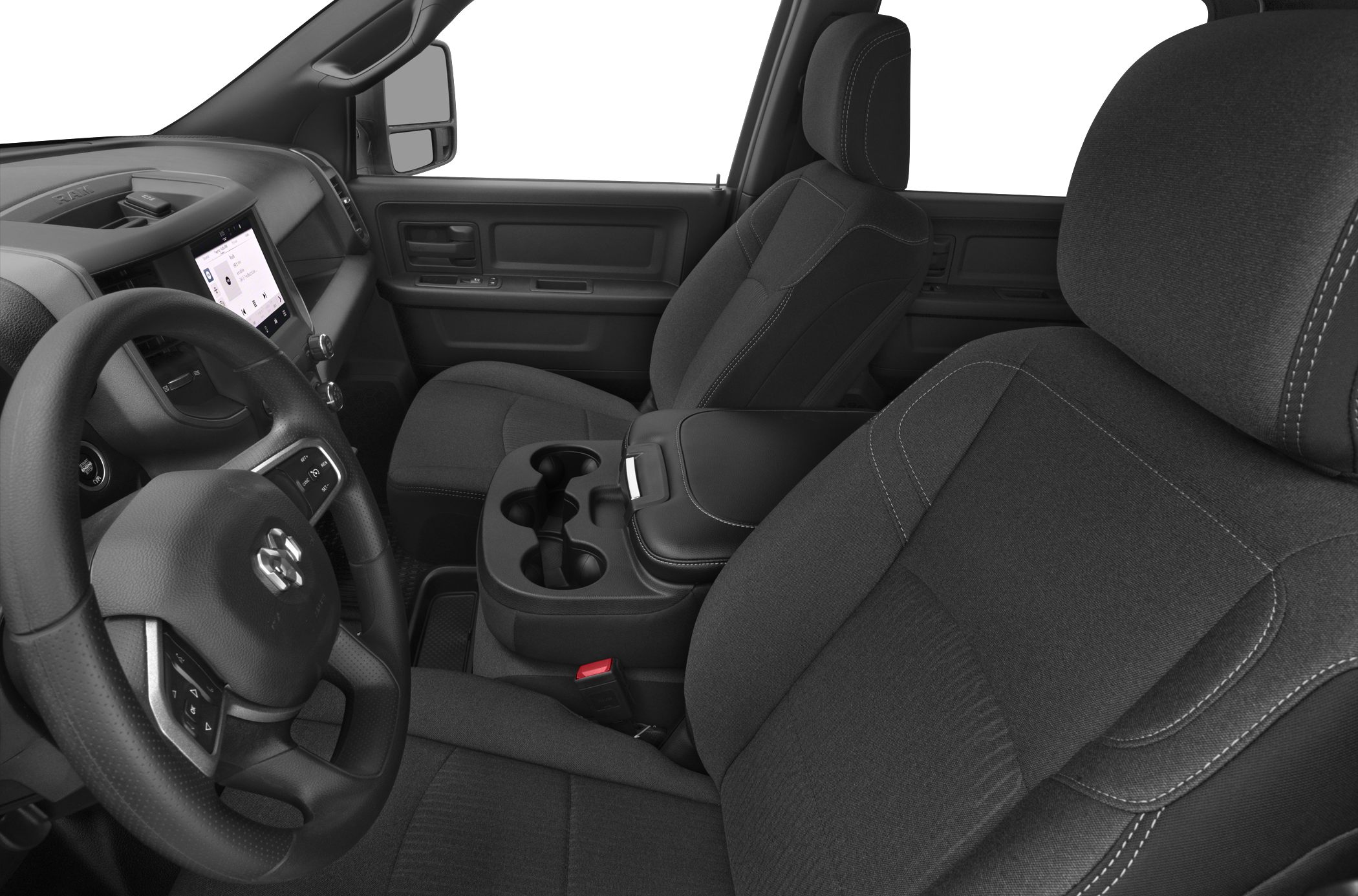 Steering wheel, dashboard, and front seating with center console cup holders