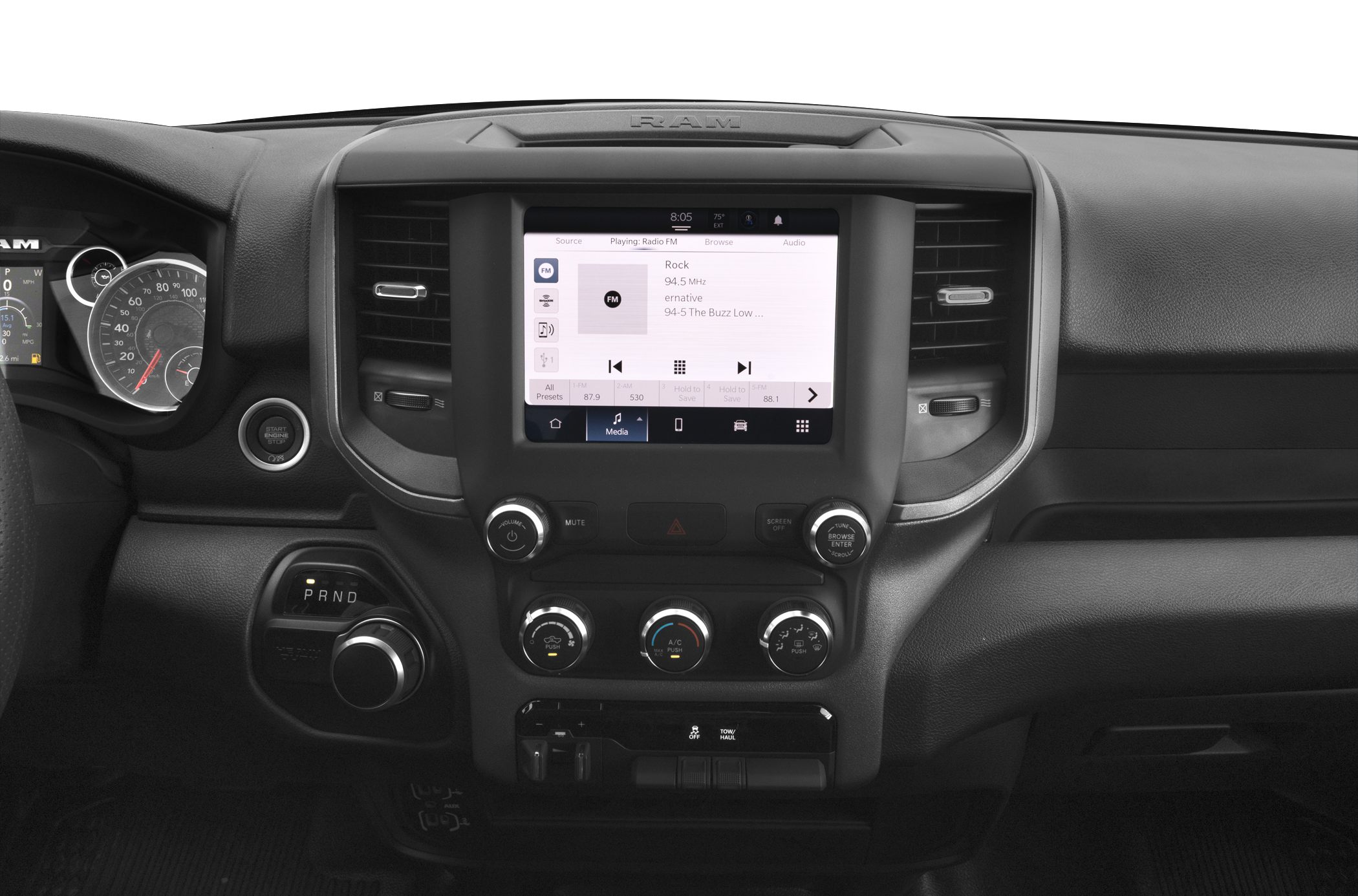 Dashboard with touchscreen infotainment and rotary gear shifter