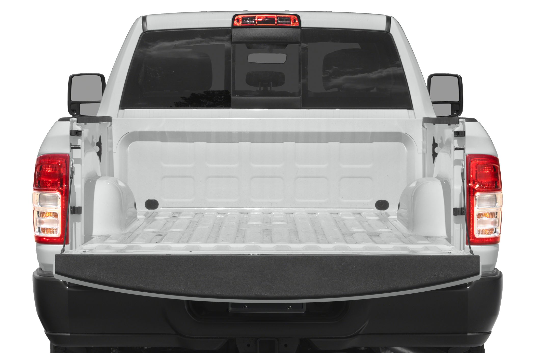 Open pickup truck bed with tailgate down and rear tail lights