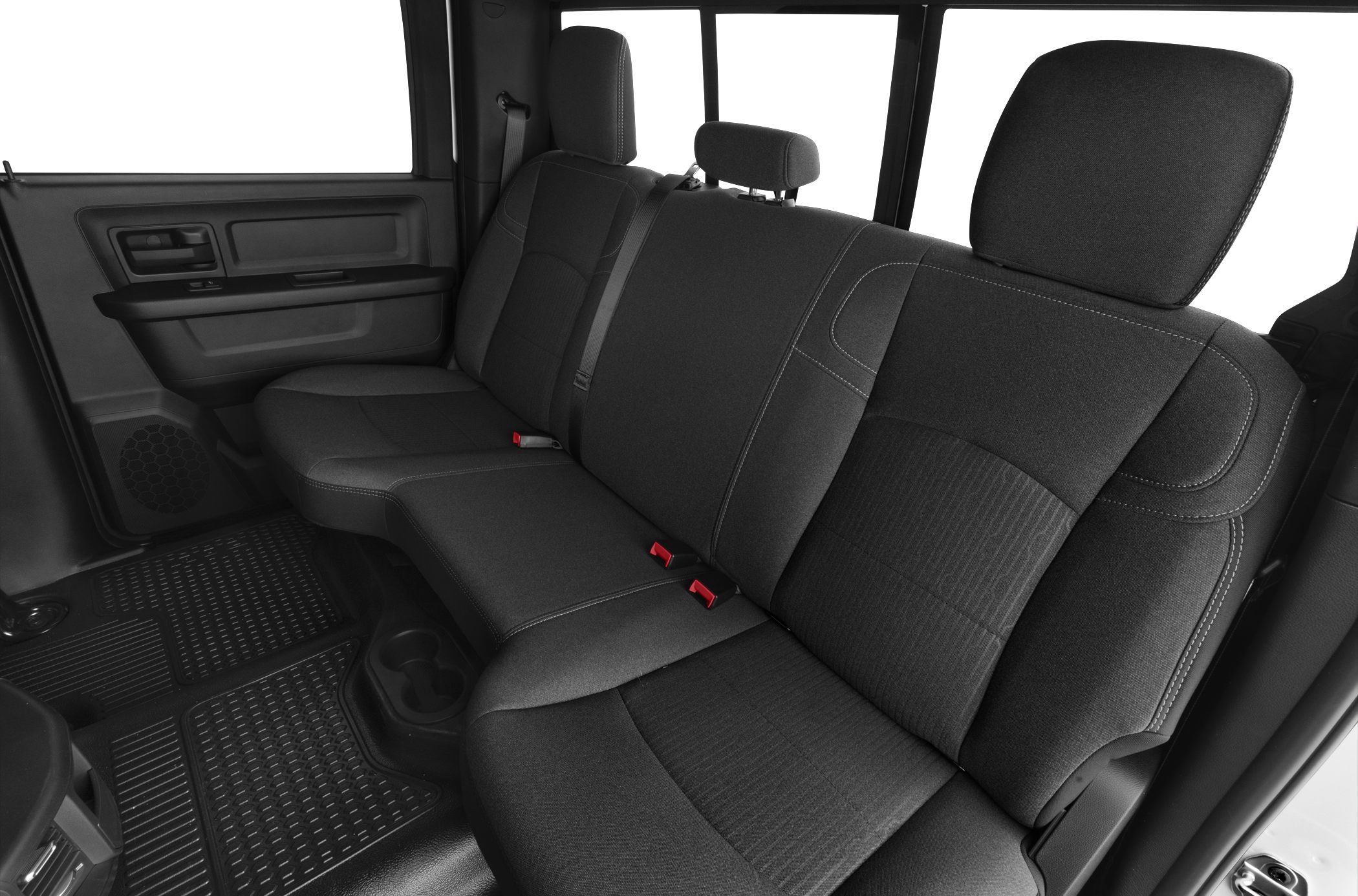 Spacious black fabric rear seat with cup holders and seat belts