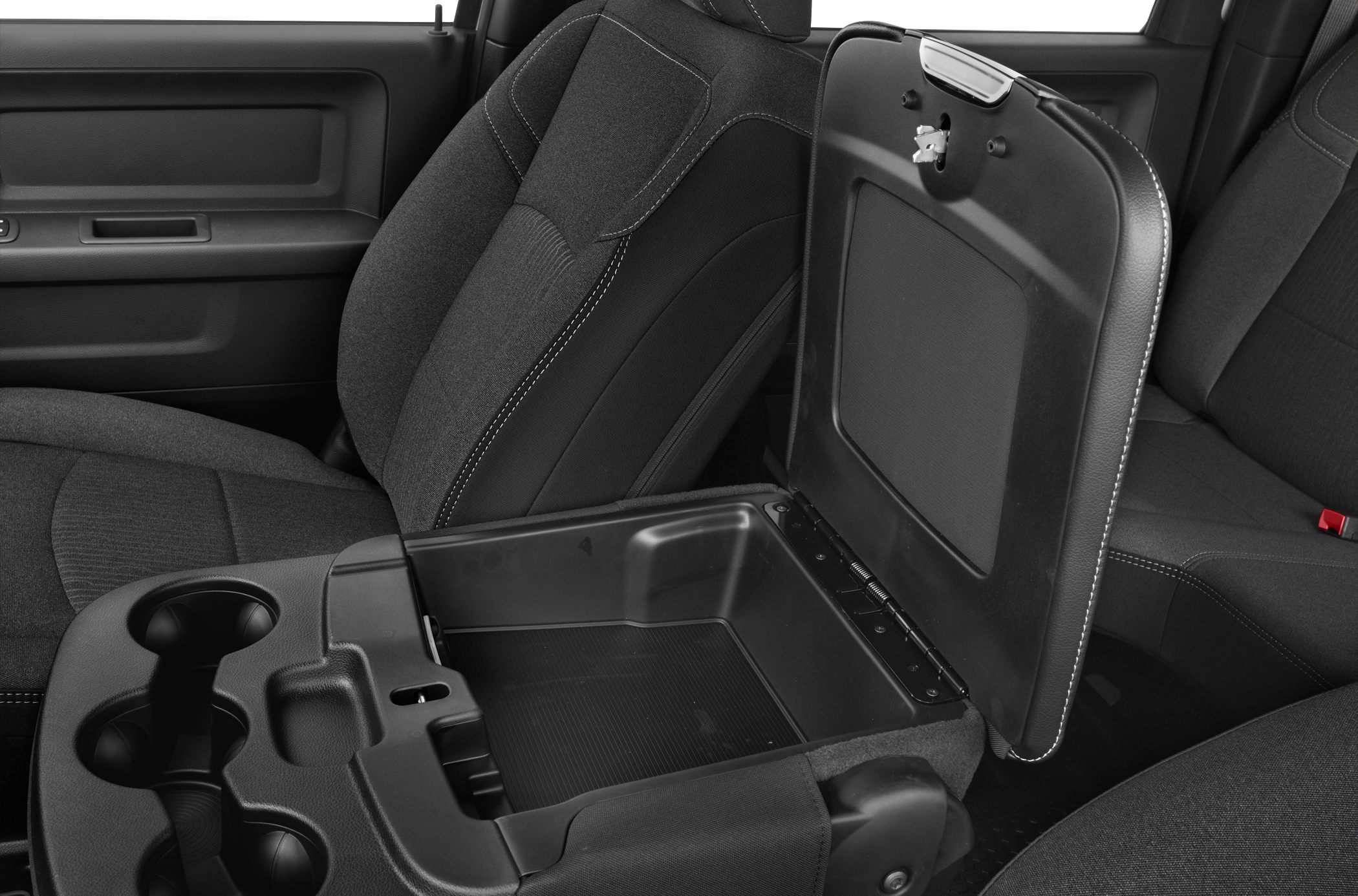 Open center console storage with cup holders in crew cab interior