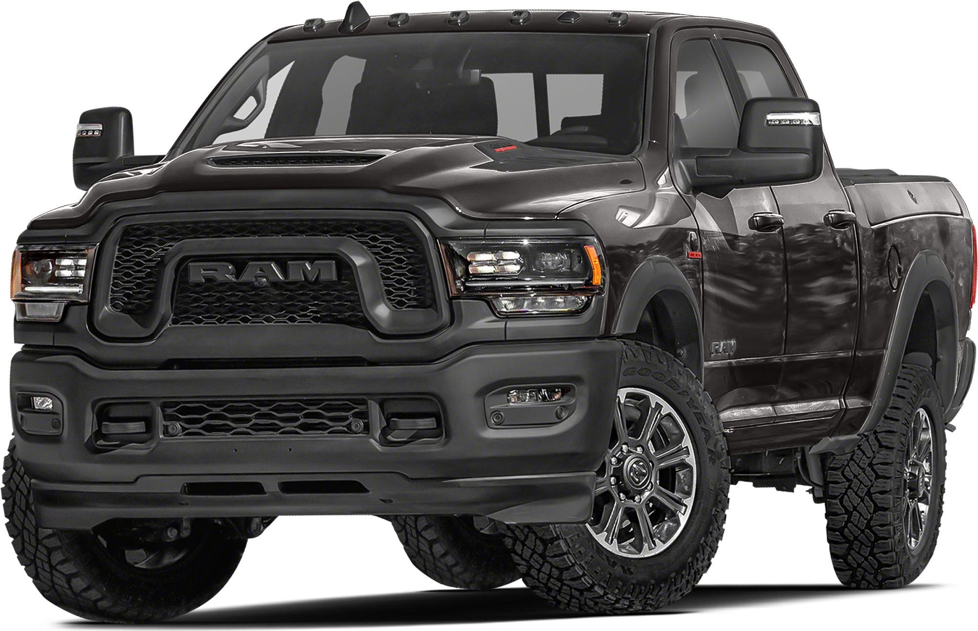 Front view of a heavy-duty pickup with bold grille and off-road tires