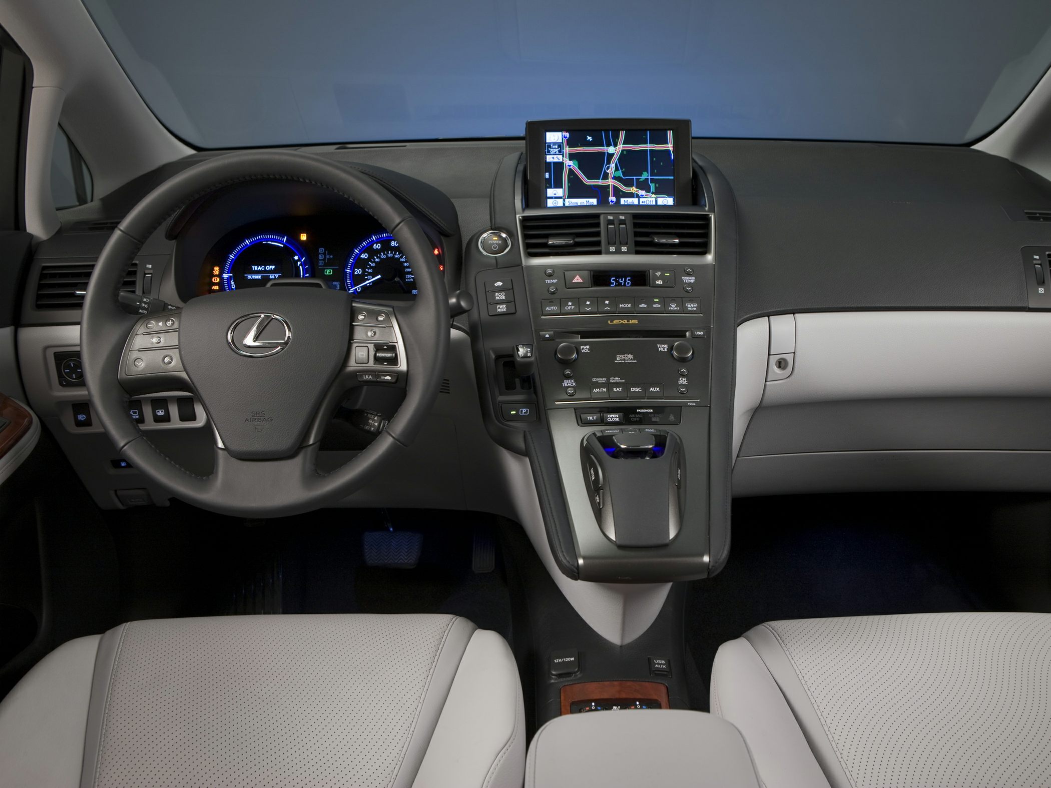 Dashboard with navigation screen and multifunction steering wheel controls