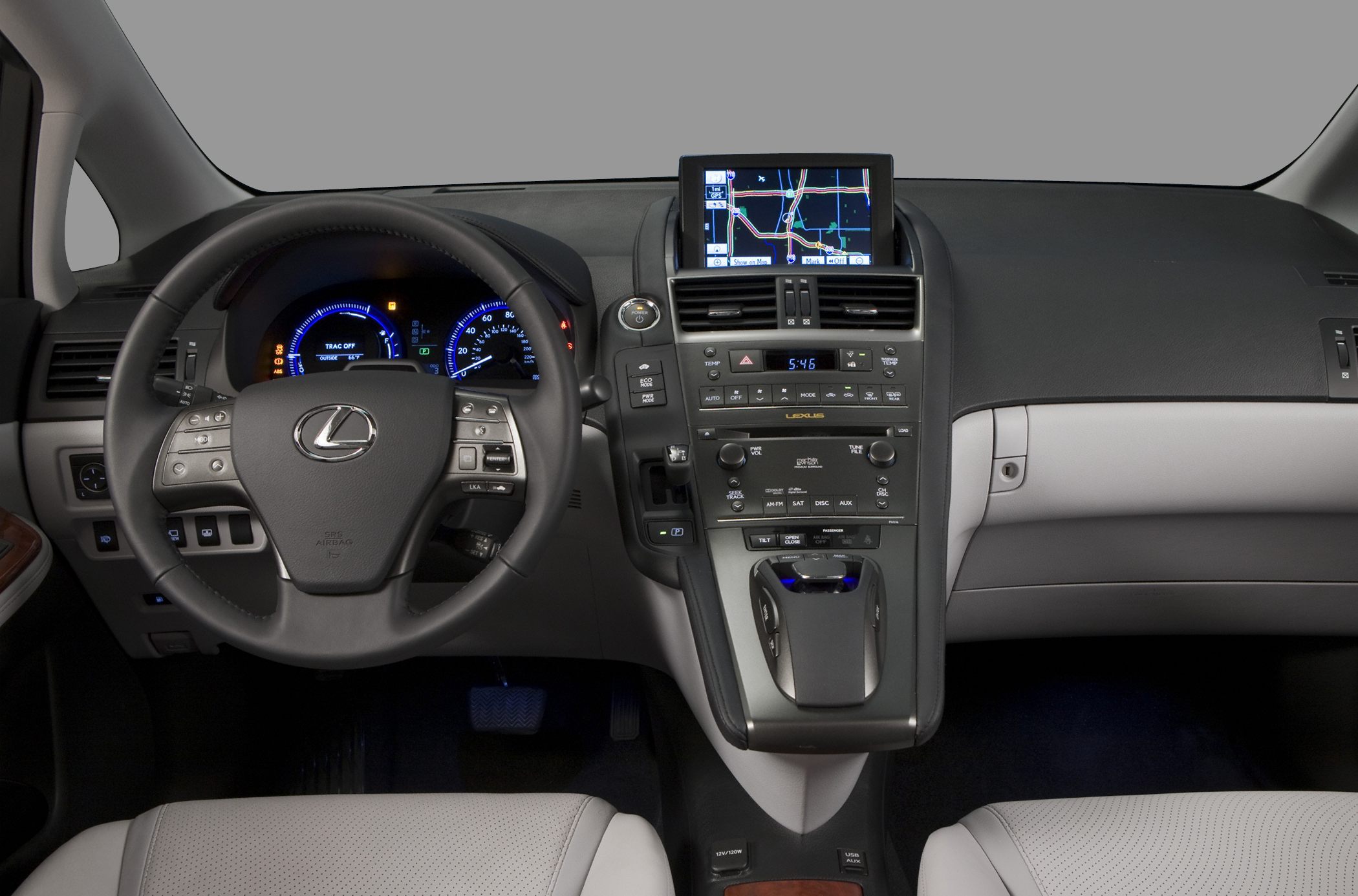 Dashboard with navigation screen and multifunction steering wheel