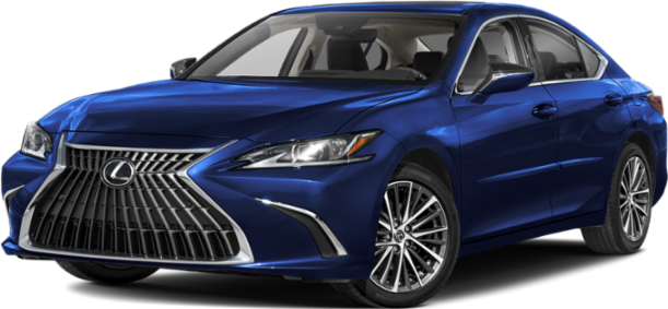 Front view of a blue sedan with spindle grille and LED headlights