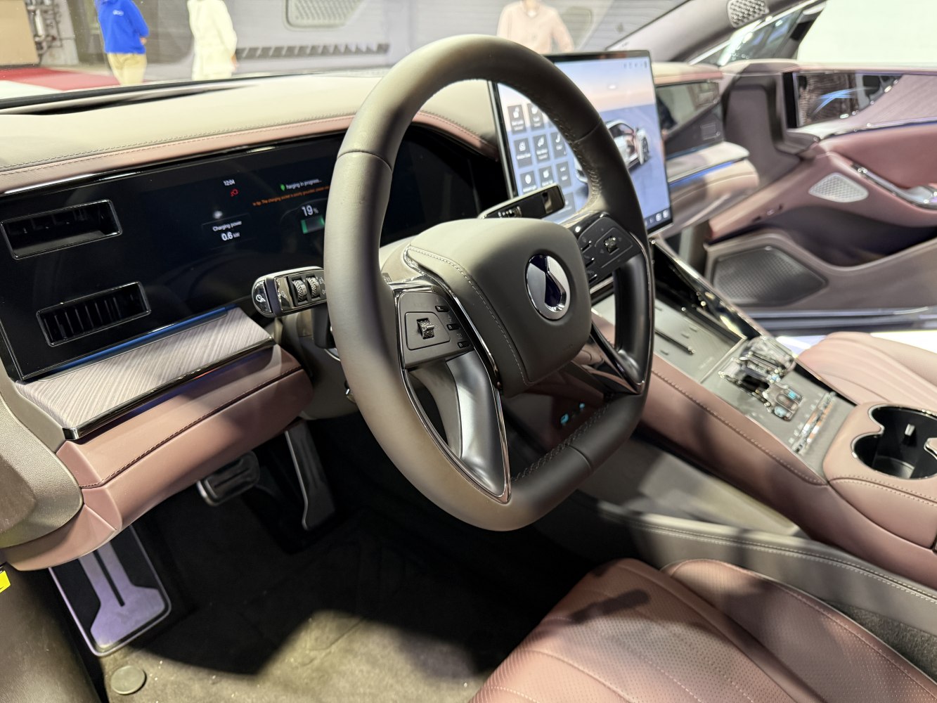 Digital dashboard and modern steering wheel with luxury interior details