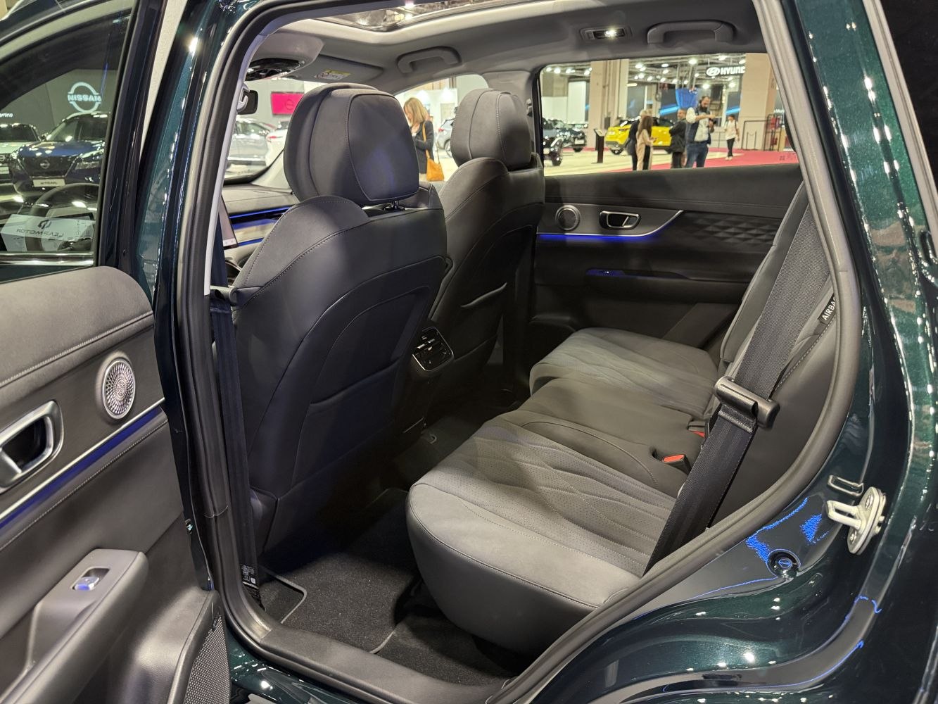 Rear seating area with leather and fabric upholstery and door panel with ambient lighting