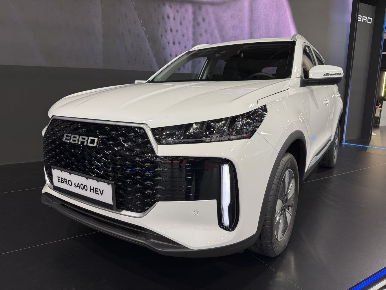 Sleek front grille with detailed LED headlights and vertical daytime running lights