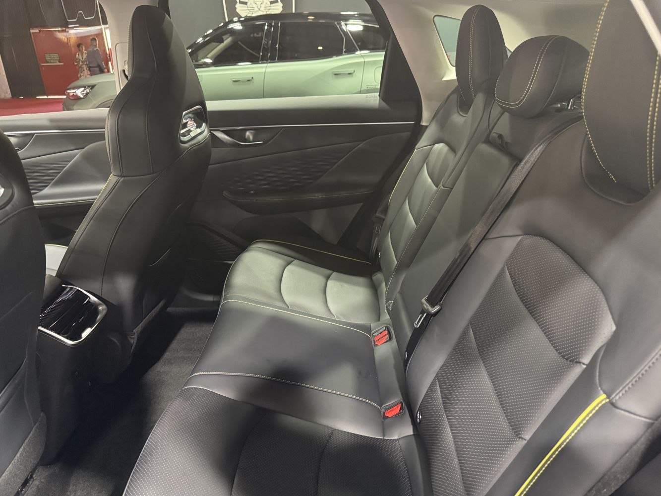 Black leather stitched rear seats with headrests and door panel design