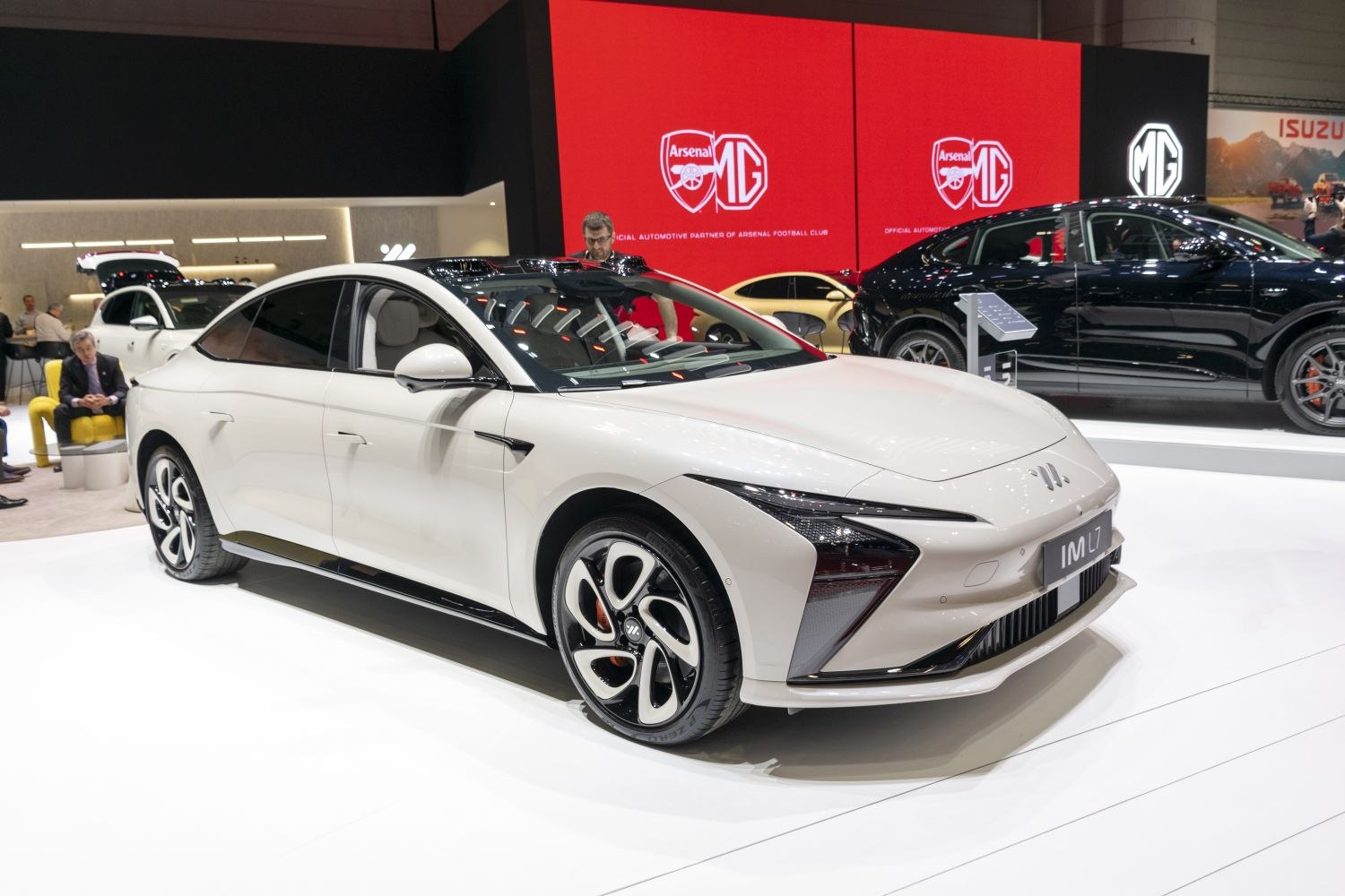 Futuristic front headlights and sleek aerodynamic electric sedan design