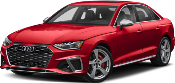Aggressive front grille, LED headlights, sporty alloy wheels on red sedan
