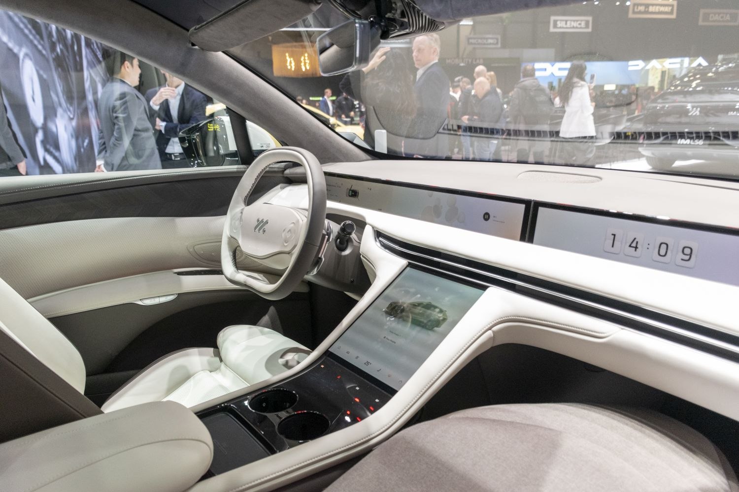 Futuristic digital dashboard and touchscreen in car interior