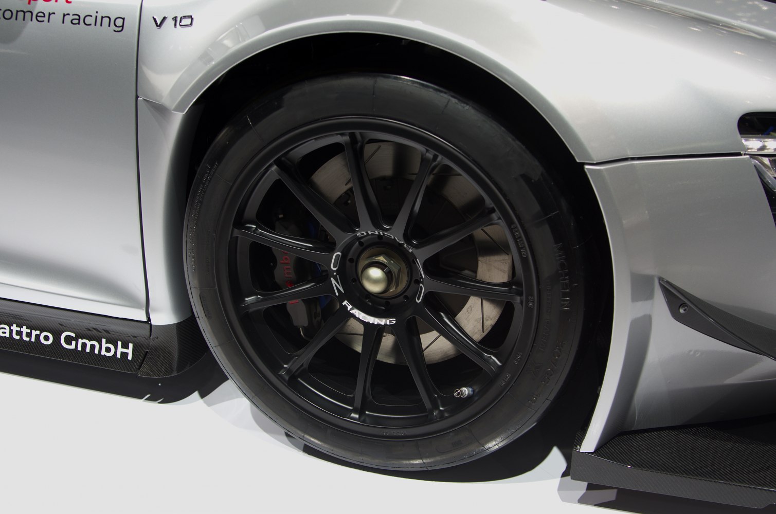 Close-up of black OZ Racing alloy wheel with racing tire