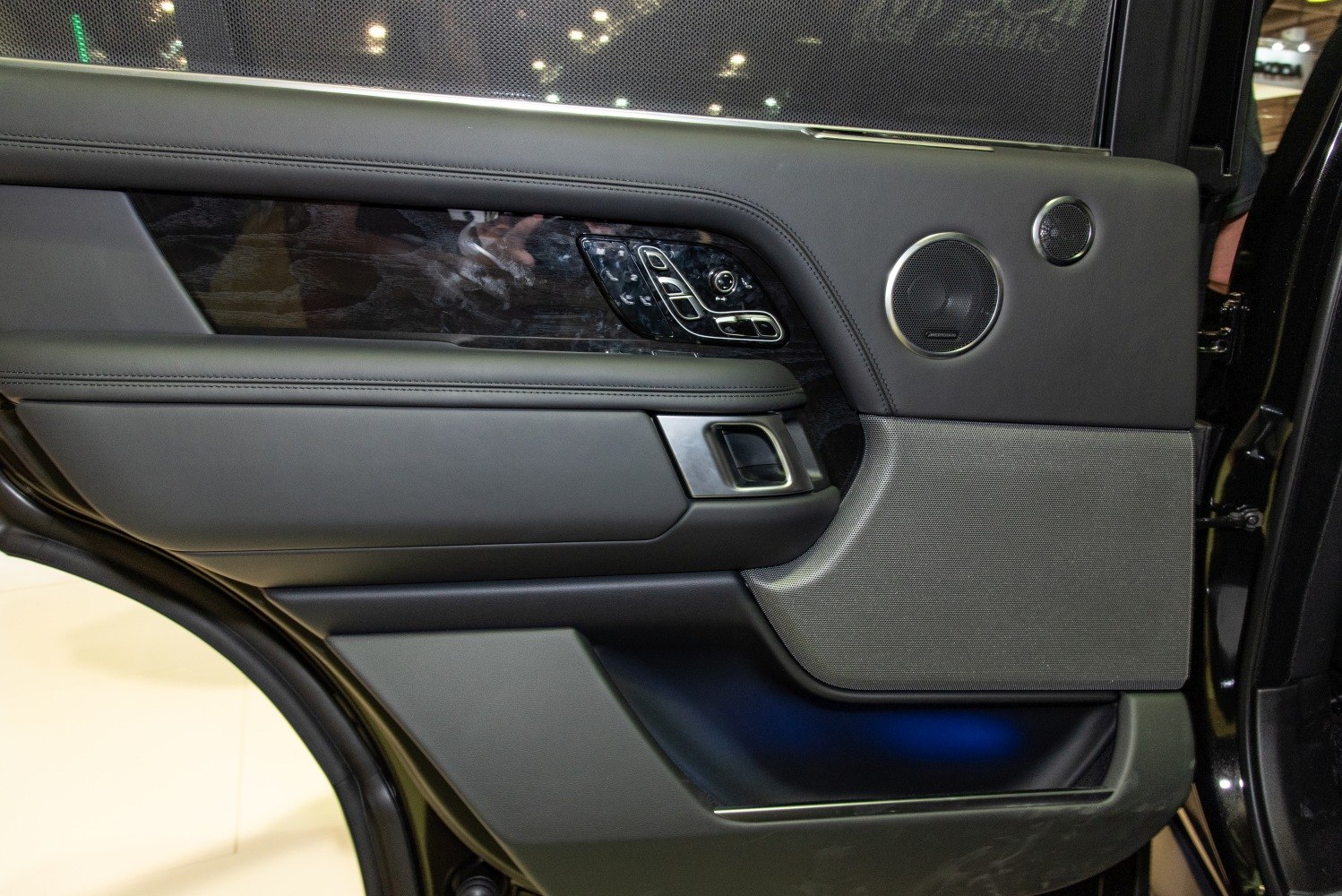 Rear door interior panel with leather, wood trim, and premium speakers