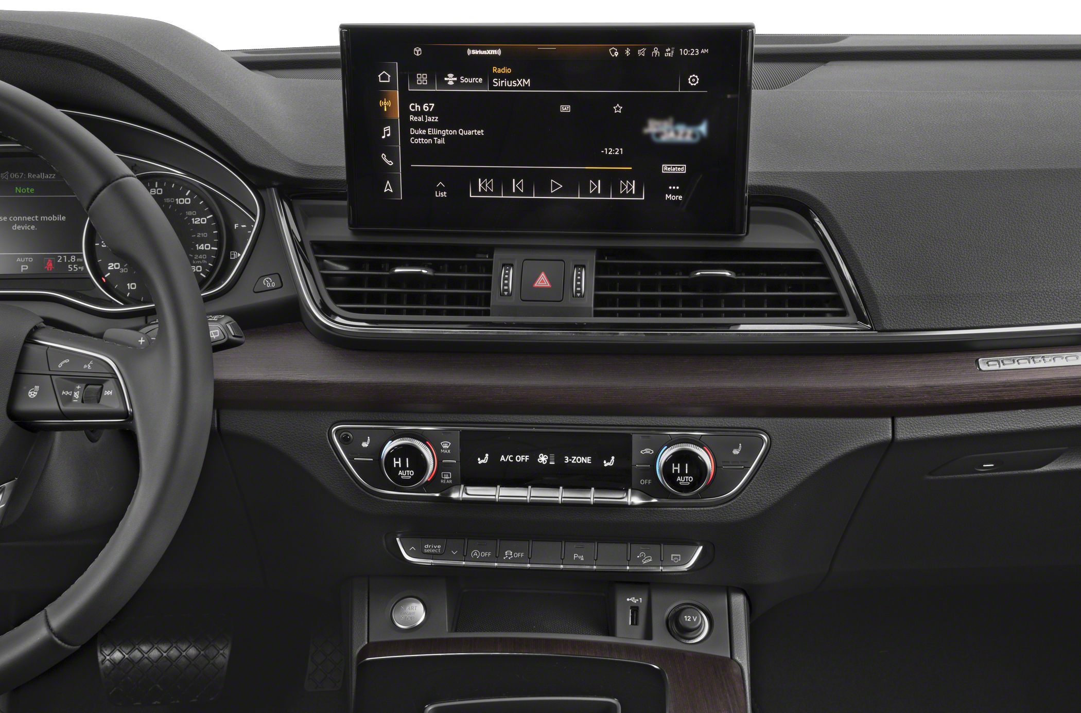 Central touchscreen display and digital instrument cluster with climate controls