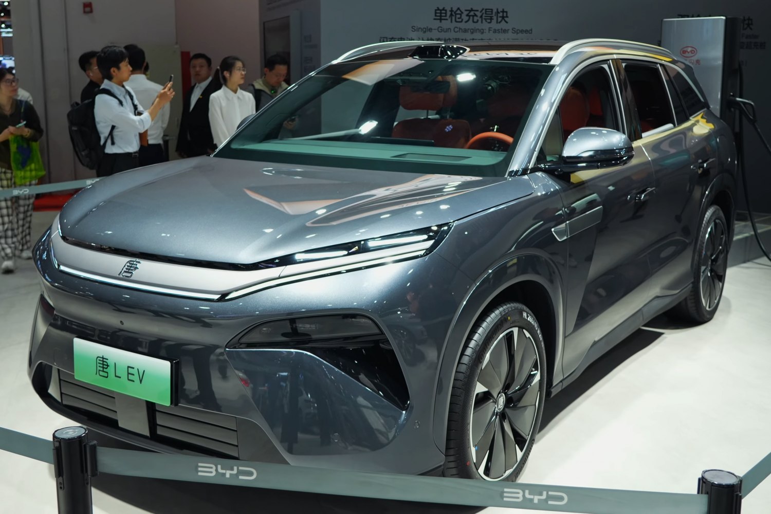 Front side view with LED headlights and aerodynamic wheels