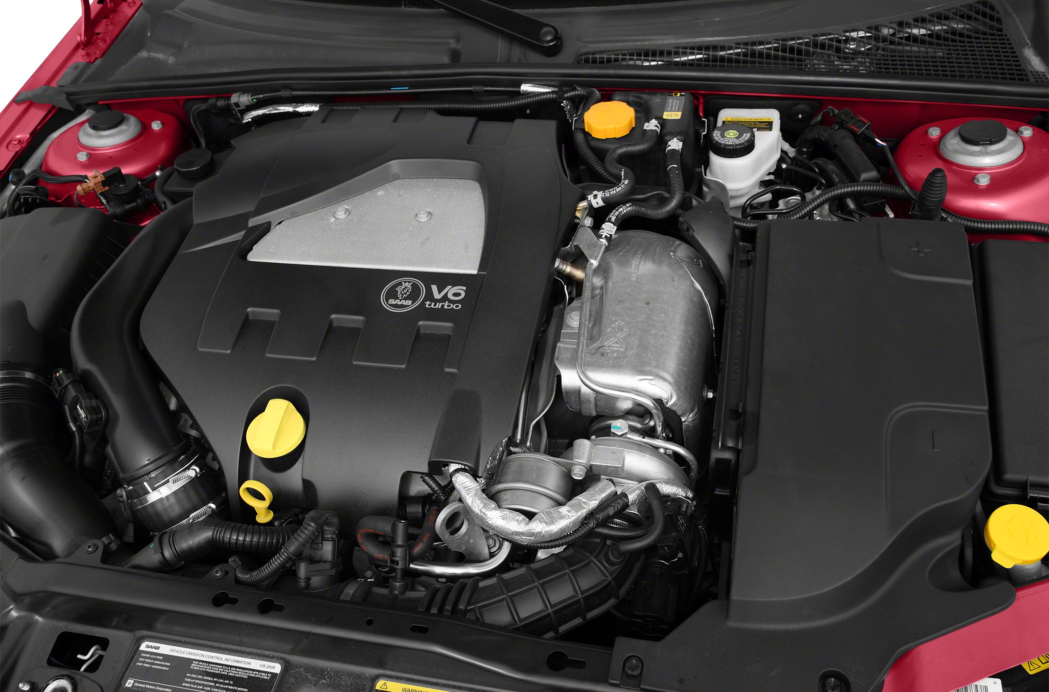 Engine bay with V6 turbo engine and key components