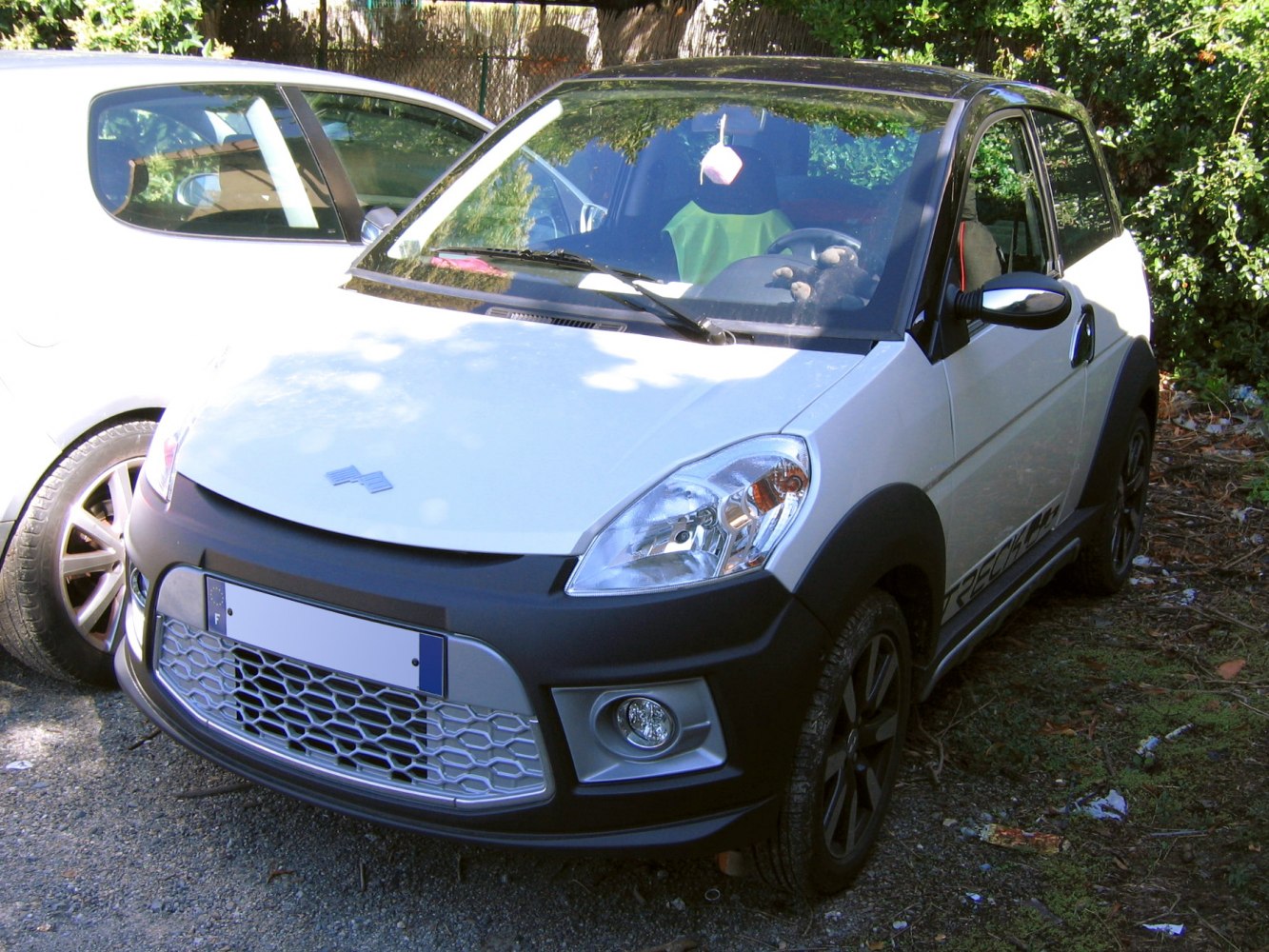 Front view showing black wheel arches and alloy wheels on a compact microcar