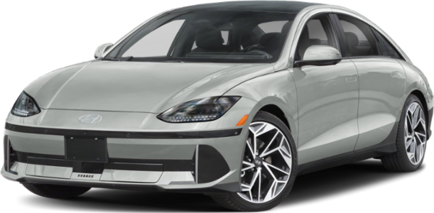 Front view of sleek electric sedan with LED headlights and aerodynamic shape