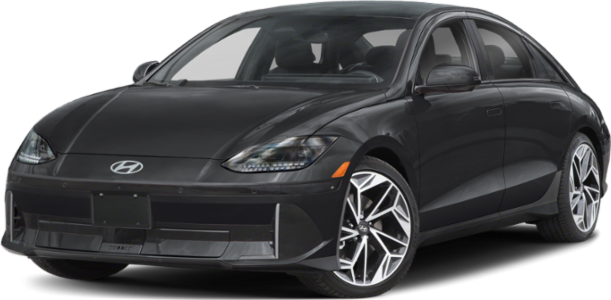 Sleek electric sedan front-side view with aerodynamic shape and LED headlights