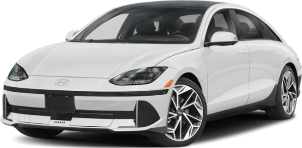 White electric sedan front view with aerodynamic wheels