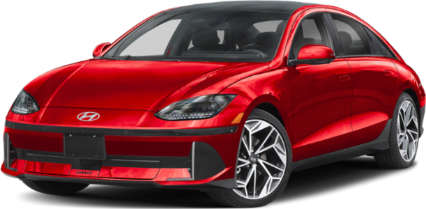 Front view of red sleek sedan with aerodynamic wheels and modern headlights