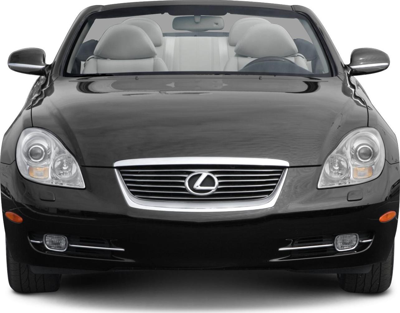 Front view of a convertible with distinct grille and headlights