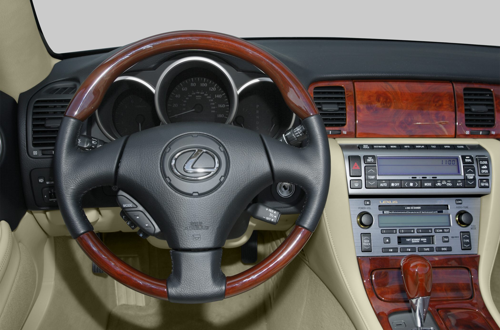 Wood-trimmed steering wheel and detailed dashboard with controls and display