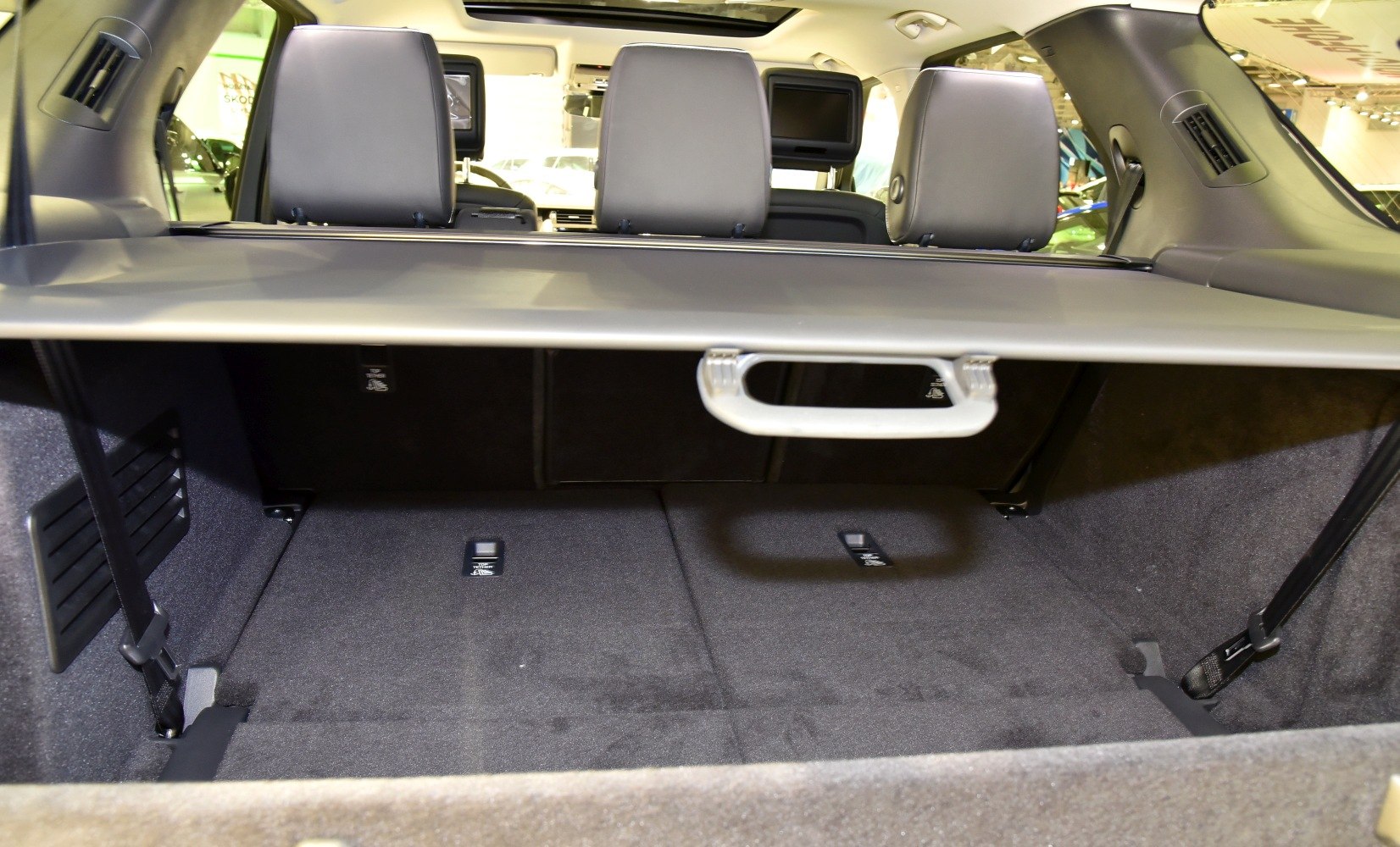 SUV rear cargo area with cover and headrests.