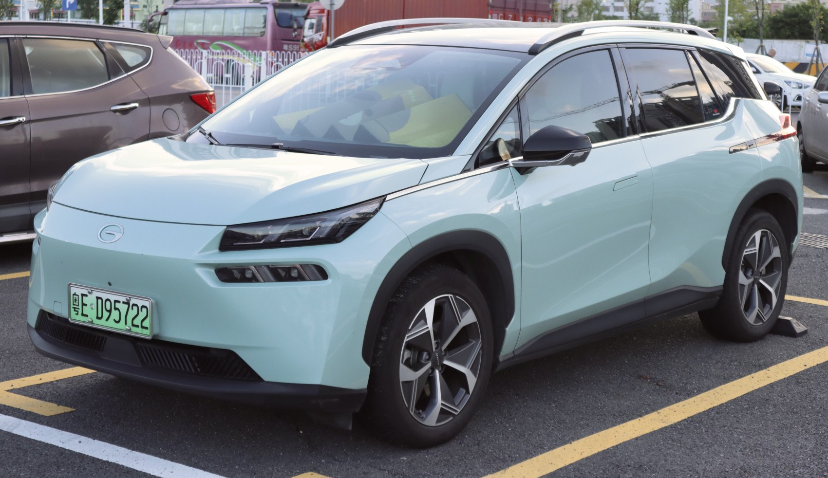 Electric SUV with sharp LED headlights and aerodynamic design