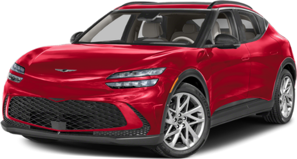 Red electric SUV with sleek LED headlights and aggressive grille.