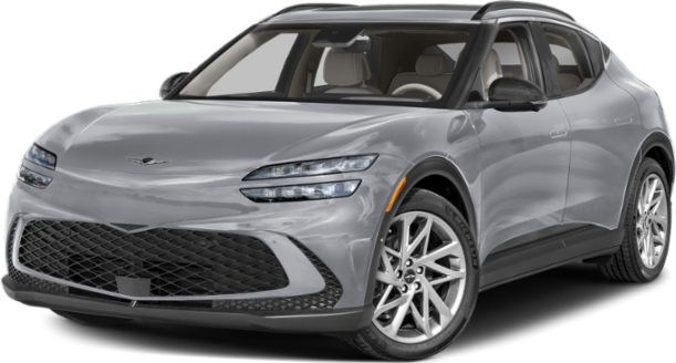 Front view of sleek electric SUV with dual LED headlights and aerodynamic design
