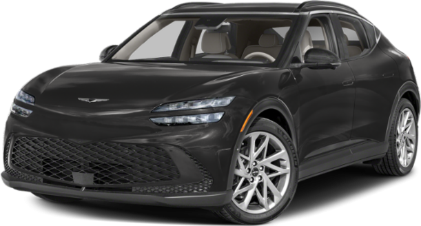 Front view of modern electric SUV with LED lights and mesh grille