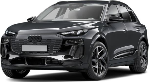 Front view of a sleek electric SUV with LED headlights and modern grille