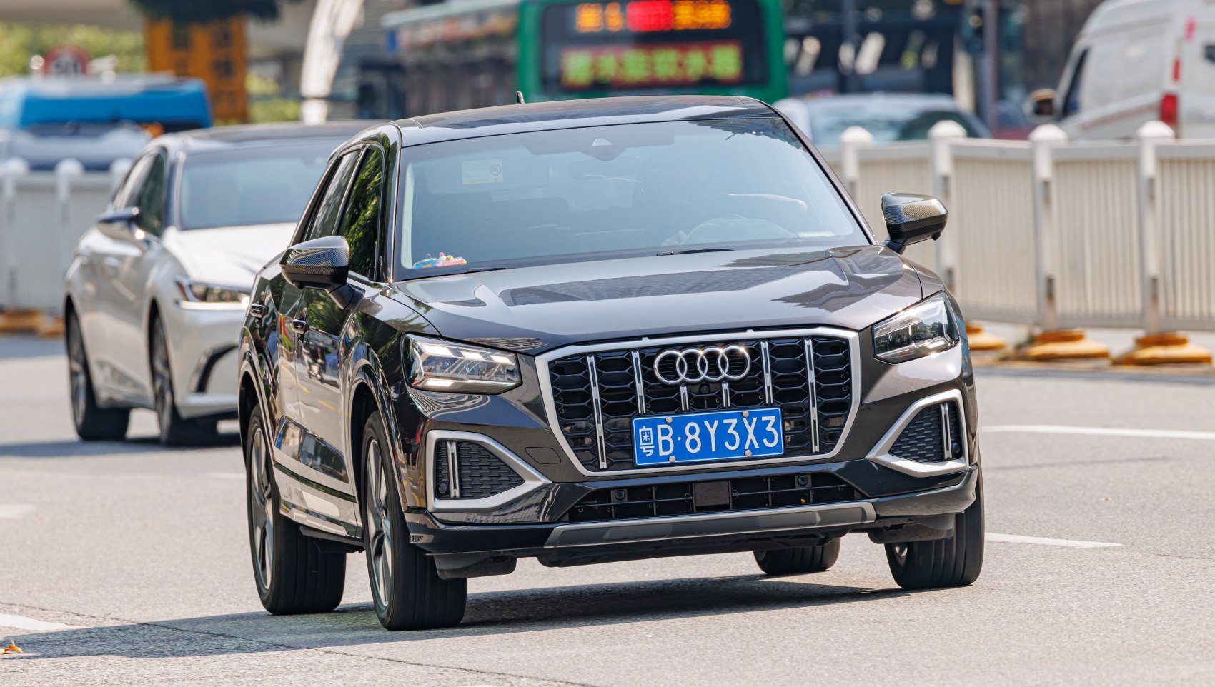 Front grille and LED headlights of a modern compact SUV