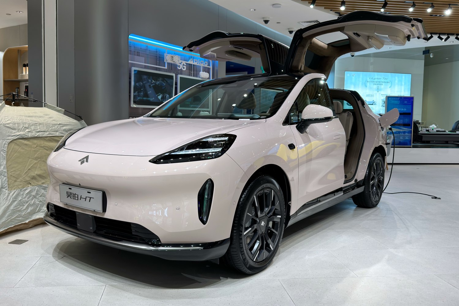 Electric vehicle with gullwing doors and advanced lighting elements