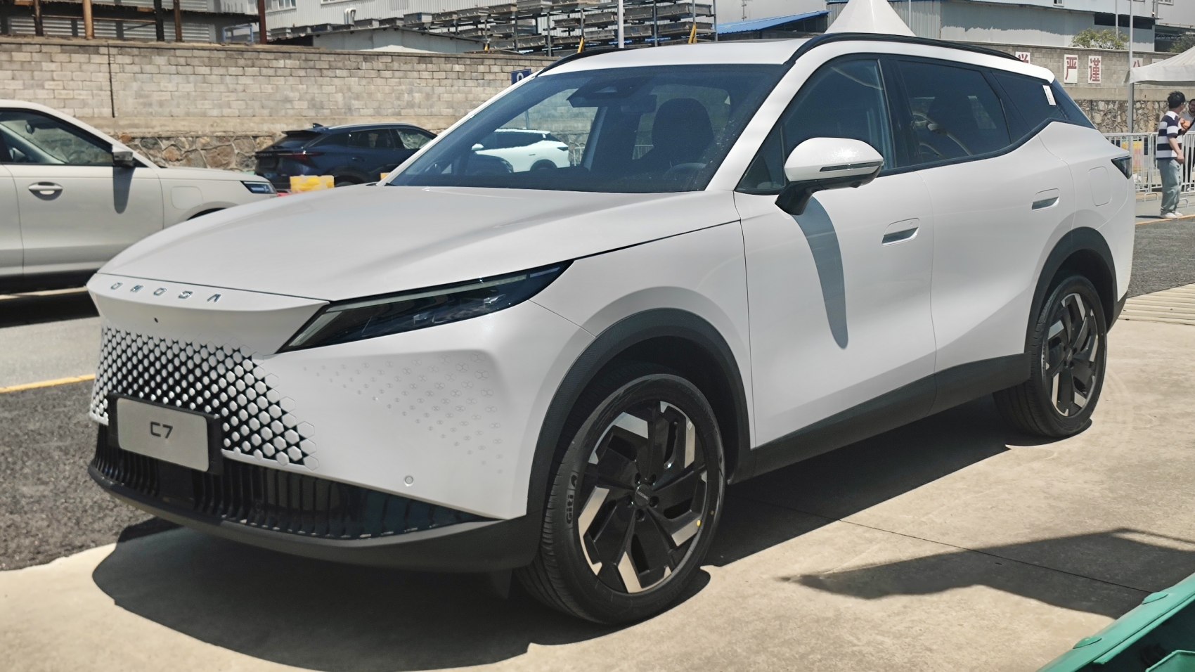 Sleek SUV front-side view with distinctive geometric grille