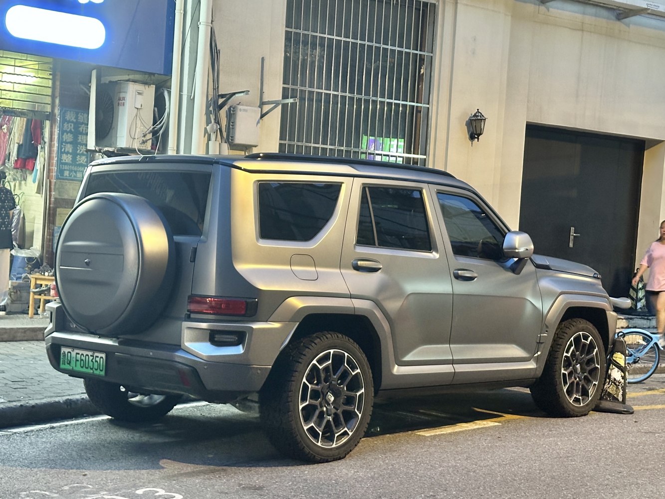 Rugged SUV rear with spare tire cover and alloy wheels