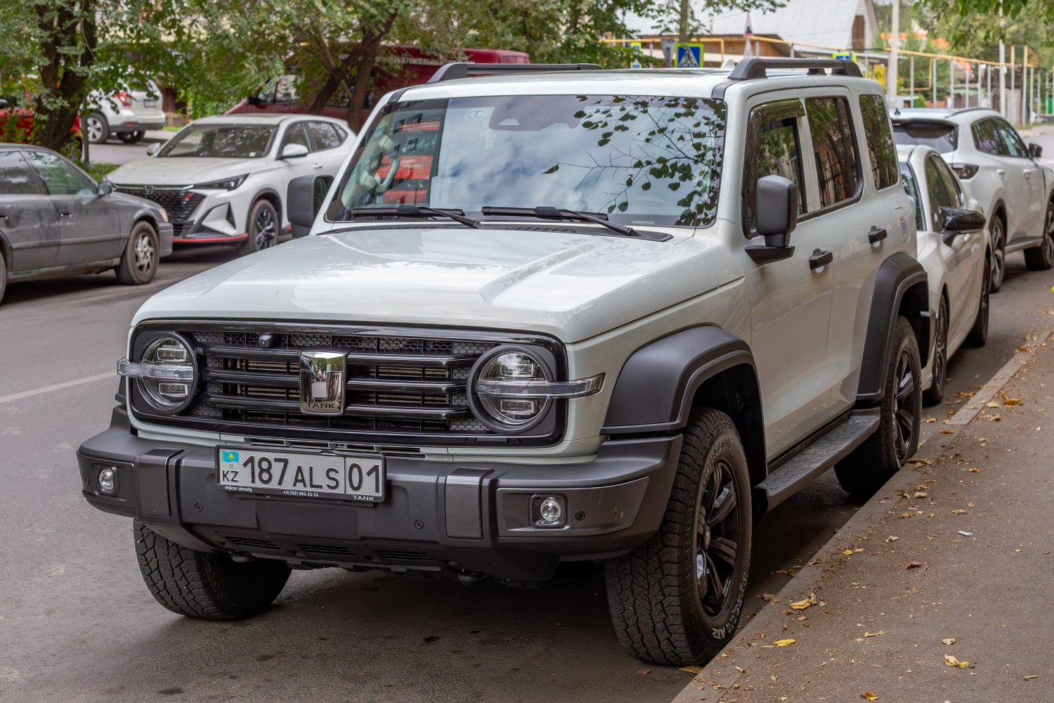 SUV front grille with round headlights and robust bumper