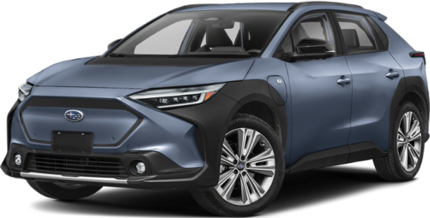 Front and side view of blue SUV with angular front design and black trim