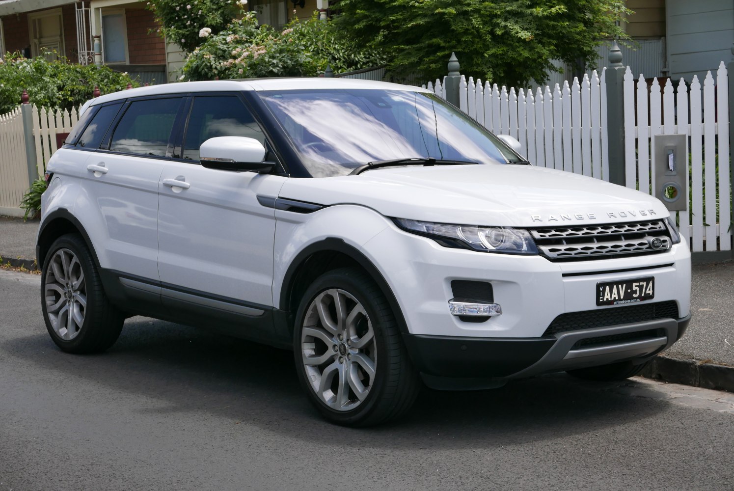 Front-side view of white SUV with LED headlights and alloy wheels